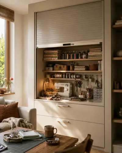 Mobilier atelier hobby cu ușă rulou: sculele mici rămân aproape, masa rămâne de lucru